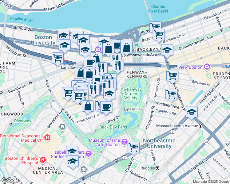 map of restaurants, bars, coffee shops, grocery stores, and more near 1250 Boylston Street in Boston