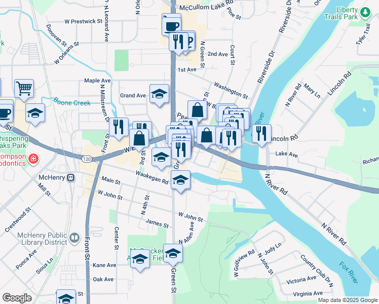map of restaurants, bars, coffee shops, grocery stores, and more near 1246 North Green Street in McHenry