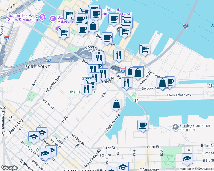 map of restaurants, bars, coffee shops, grocery stores, and more near 80 Fargo Street in Boston