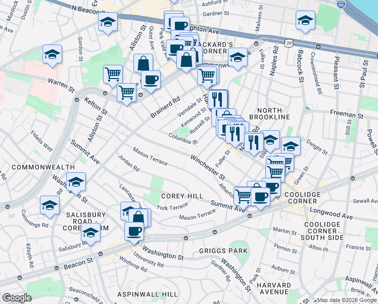 map of restaurants, bars, coffee shops, grocery stores, and more near 167 Winchester Street in Brookline