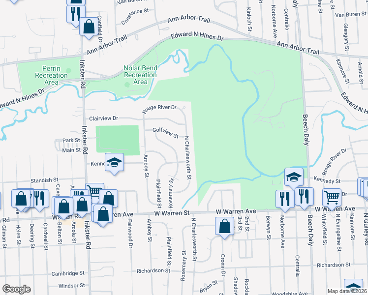 map of restaurants, bars, coffee shops, grocery stores, and more near 7655 North Charlesworth Street in Dearborn Heights