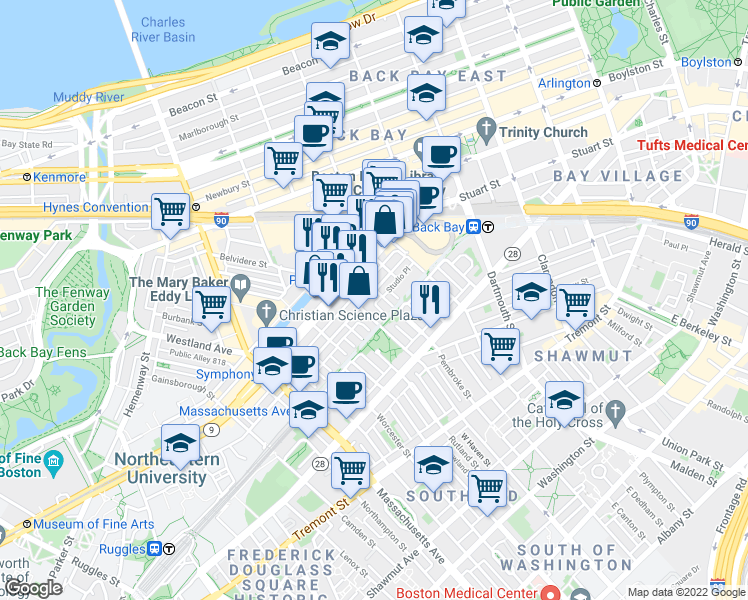 map of restaurants, bars, coffee shops, grocery stores, and more near 94 Saint Botolph Street in Boston
