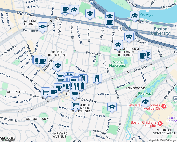 map of restaurants, bars, coffee shops, grocery stores, and more near 63 Parkman Street in Brookline