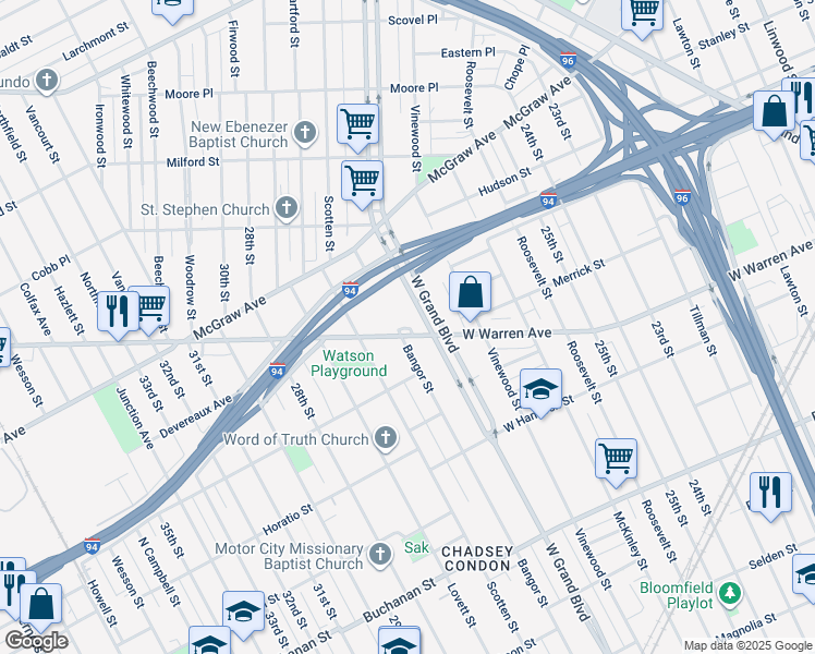 map of restaurants, bars, coffee shops, grocery stores, and more near 4032 West Warren Avenue in Detroit