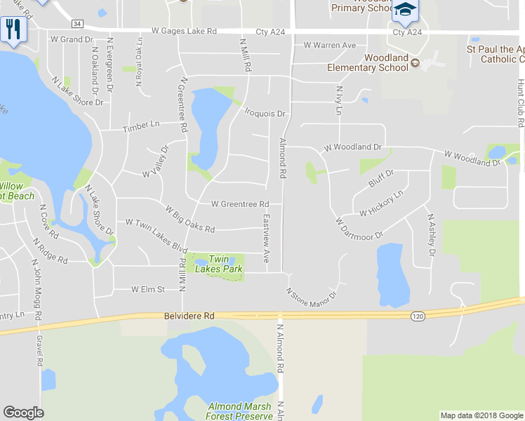 map of restaurants, bars, coffee shops, grocery stores, and more near 33198 Eastview Avenue in Grayslake