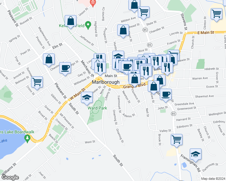 map of restaurants, bars, coffee shops, grocery stores, and more near 25 Fairmount Street in Marlborough