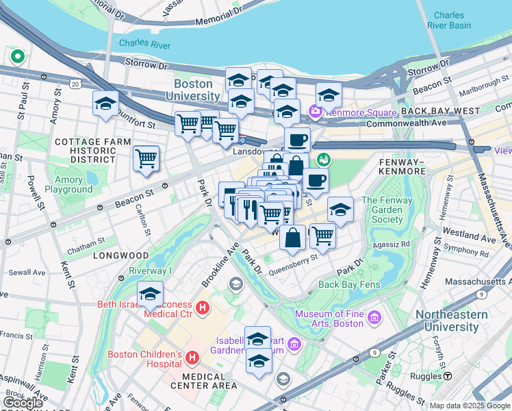 map of restaurants, bars, coffee shops, grocery stores, and more near 181 Brookline Avenue in Boston