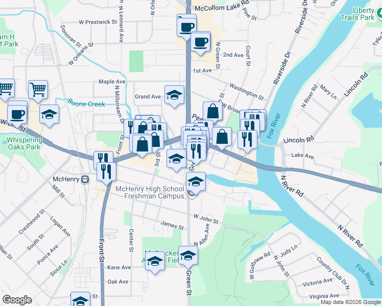 map of restaurants, bars, coffee shops, grocery stores, and more near 1225 North Green Street in McHenry