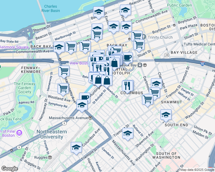 map of restaurants, bars, coffee shops, grocery stores, and more near 94 Saint Botolph Street in Boston