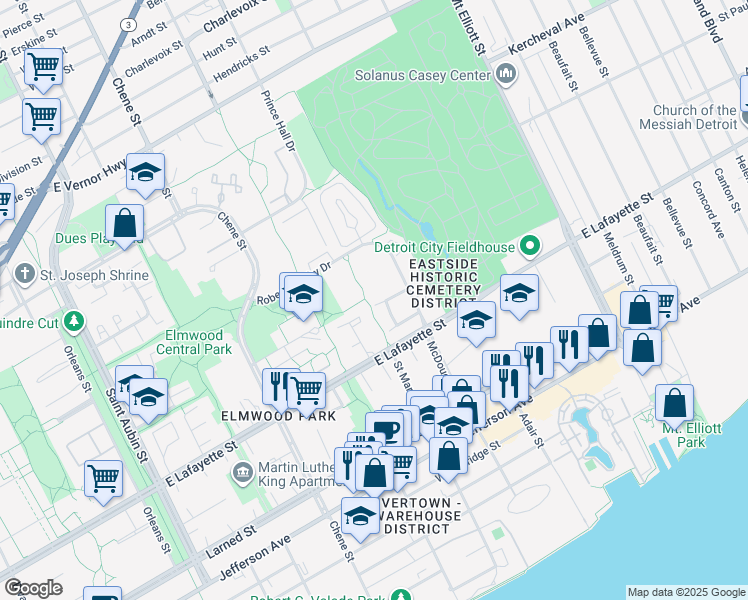map of restaurants, bars, coffee shops, grocery stores, and more near 3150 Woods Circle Drive in Detroit