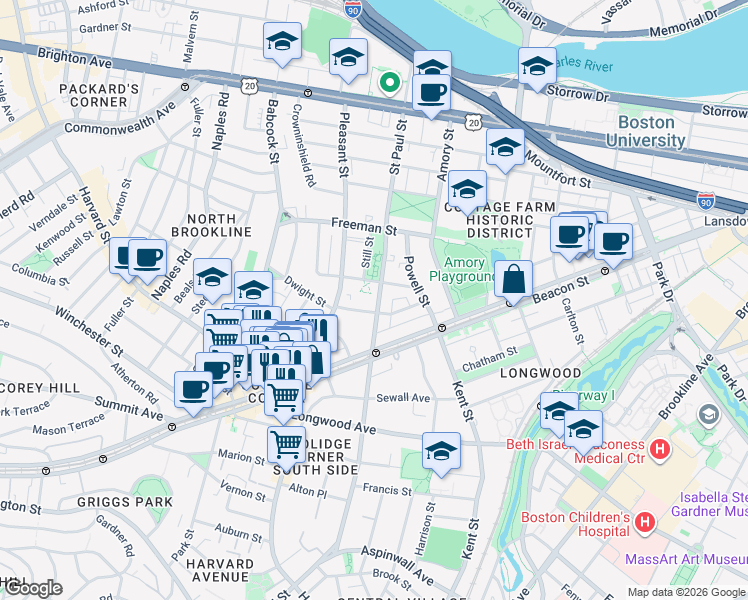 map of restaurants, bars, coffee shops, grocery stores, and more near 217 Saint Paul Street in Brookline