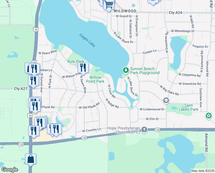 map of restaurants, bars, coffee shops, grocery stores, and more near 33192 North Cove Road in Grayslake