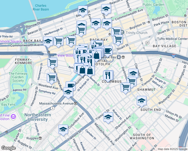 map of restaurants, bars, coffee shops, grocery stores, and more near 94 Saint Botolph Street in Boston