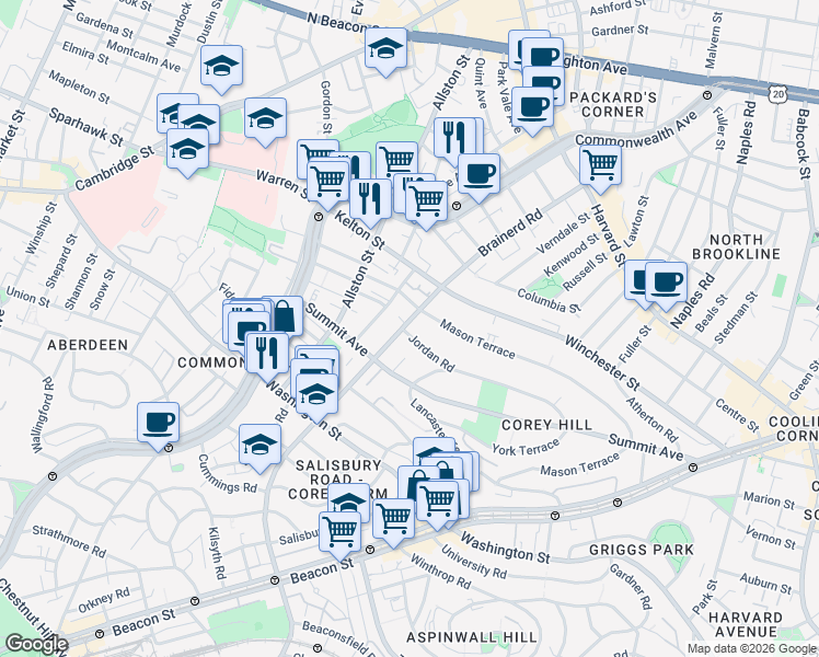 map of restaurants, bars, coffee shops, grocery stores, and more near 246 Corey Road in Boston