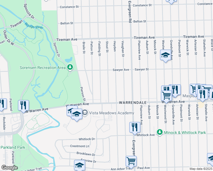 map of restaurants, bars, coffee shops, grocery stores, and more near 7335 Stout Street in Detroit