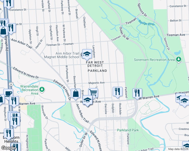 map of restaurants, bars, coffee shops, grocery stores, and more near 7461 Lamphere in Detroit