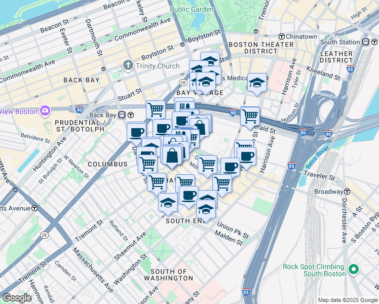 map of restaurants, bars, coffee shops, grocery stores, and more near 514 Tremont Street in Boston