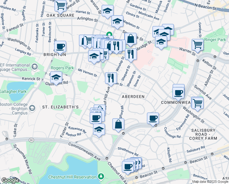 map of restaurants, bars, coffee shops, grocery stores, and more near 8 Priscilla Road in Boston