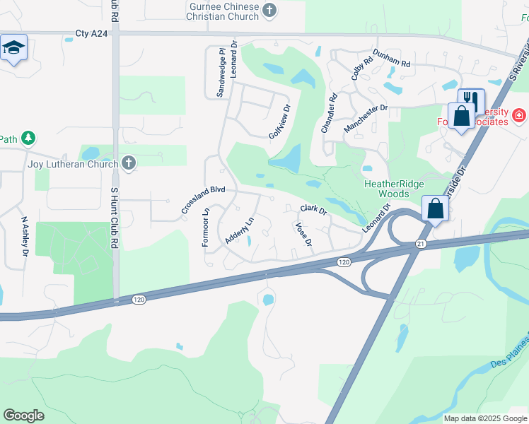 map of restaurants, bars, coffee shops, grocery stores, and more near 6130 Newbury Court in Gurnee
