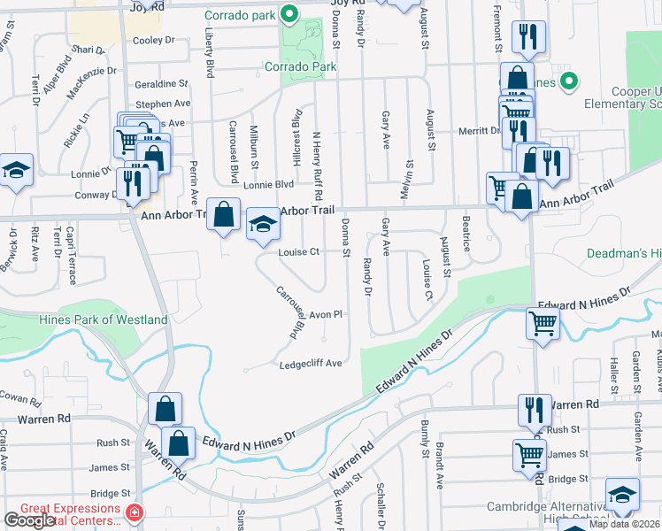 map of restaurants, bars, coffee shops, grocery stores, and more near 7768 North Henry Ruff Road in Westland
