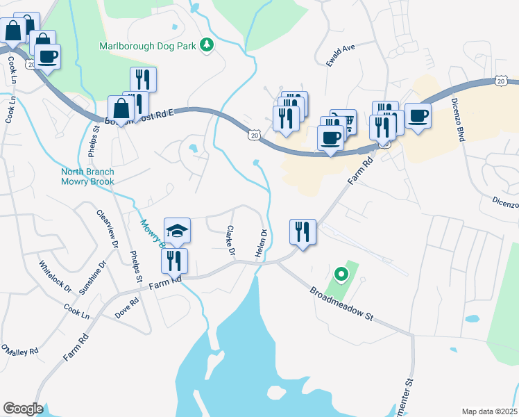 map of restaurants, bars, coffee shops, grocery stores, and more near 118 Helen Drive in Marlborough