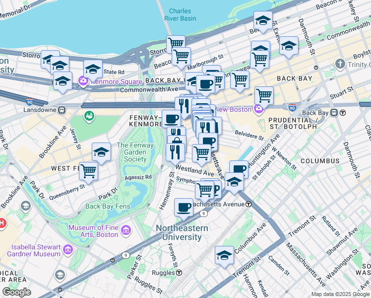map of restaurants, bars, coffee shops, grocery stores, and more near 56-60 Hemenway Street in Boston