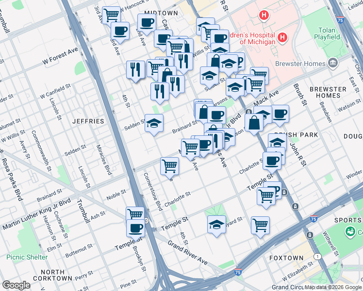 map of restaurants, bars, coffee shops, grocery stores, and more near 3515 2nd Avenue in Detroit