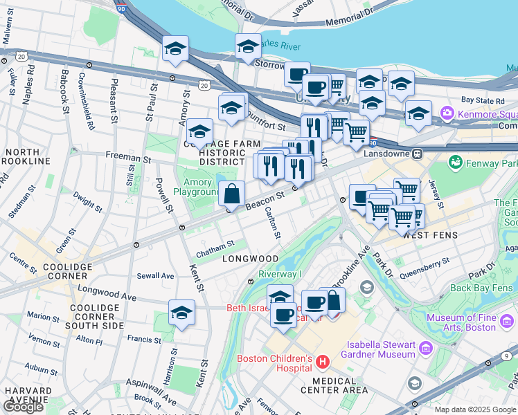 map of restaurants, bars, coffee shops, grocery stores, and more near 46 Carlton Street in Brookline
