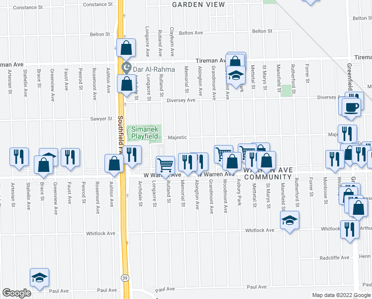 map of restaurants, bars, coffee shops, grocery stores, and more near 7303 Memorial Street in Detroit
