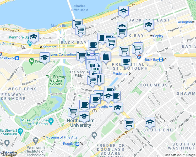 map of restaurants, bars, coffee shops, grocery stores, and more near 1 Norway Street in Boston