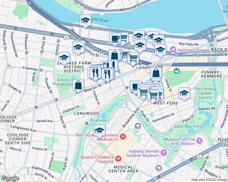 map of restaurants, bars, coffee shops, grocery stores, and more near 34 Medfield Street in Boston