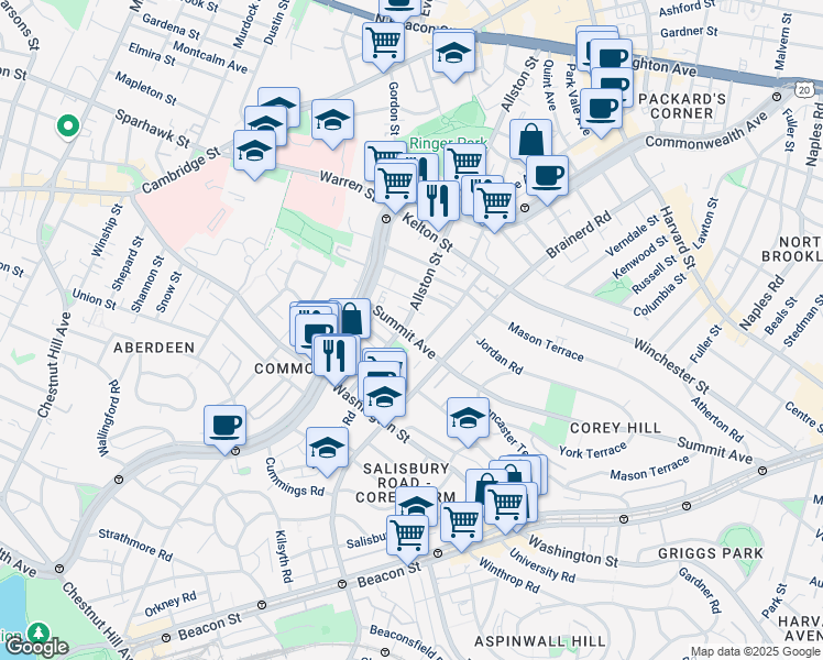 map of restaurants, bars, coffee shops, grocery stores, and more near 4 Woodstock Avenue in Boston