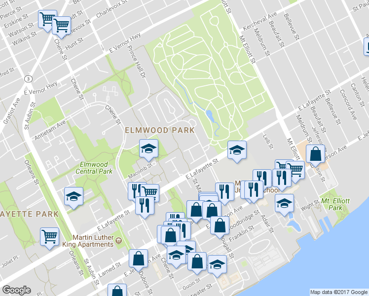 map of restaurants, bars, coffee shops, grocery stores, and more near 3152 Woods Circle Drive in Detroit