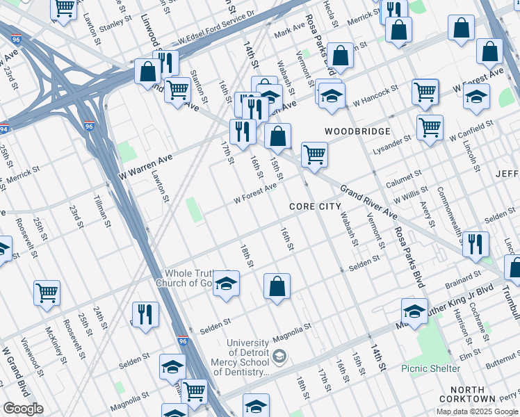 map of restaurants, bars, coffee shops, grocery stores, and more near 4462 17th Street in Detroit
