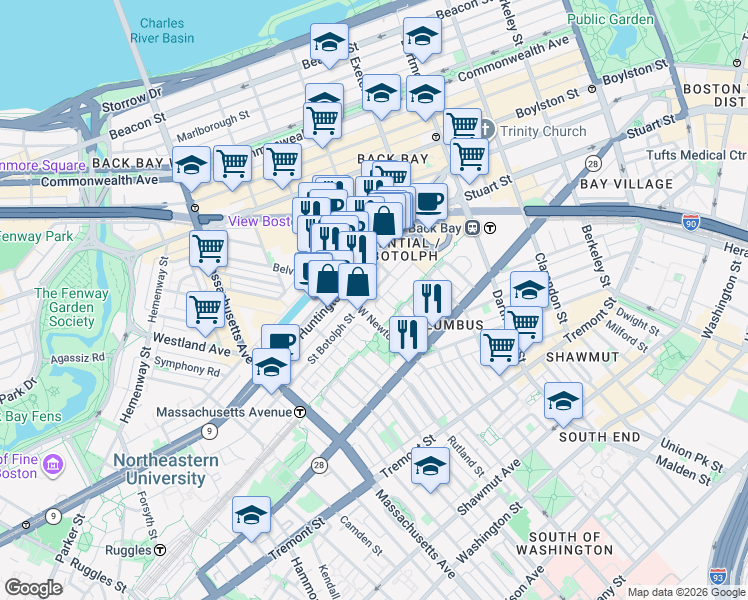 map of restaurants, bars, coffee shops, grocery stores, and more near 94 Saint Botolph Street in Boston
