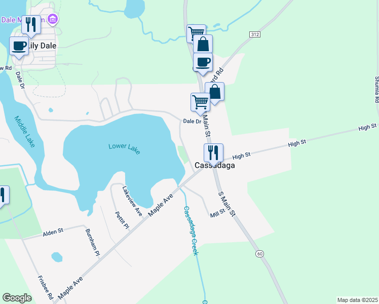 map of restaurants, bars, coffee shops, grocery stores, and more near 32 Park Avenue in Cassadaga