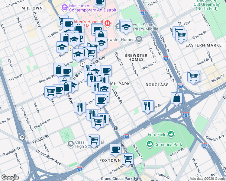 map of restaurants, bars, coffee shops, grocery stores, and more near in Detroit