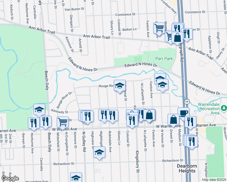 map of restaurants, bars, coffee shops, grocery stores, and more near in Dearborn Heights