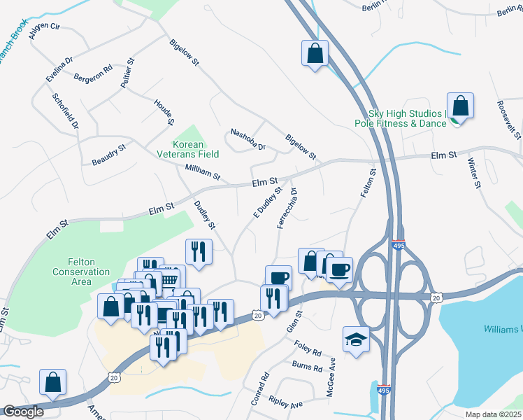 map of restaurants, bars, coffee shops, grocery stores, and more near 58 East Dudley Street in Marlborough