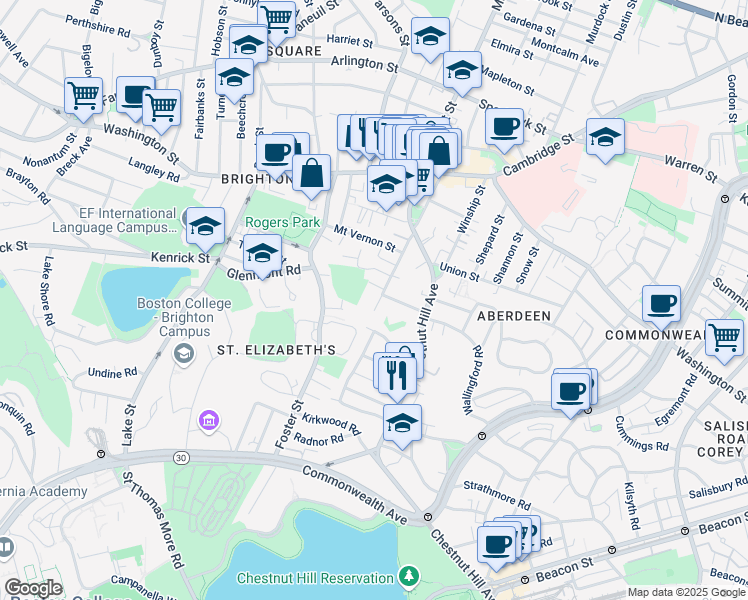map of restaurants, bars, coffee shops, grocery stores, and more near 127 Academy Hill Road in Boston
