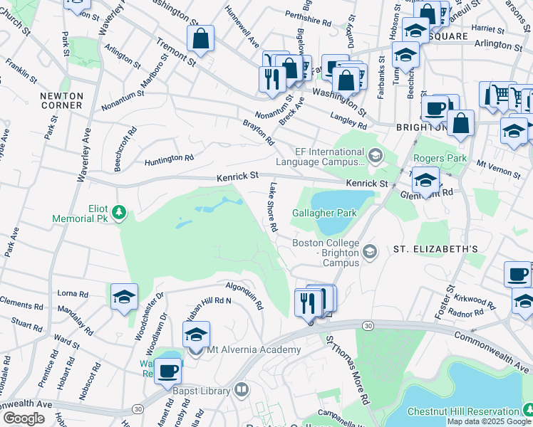 map of restaurants, bars, coffee shops, grocery stores, and more near 170 Lake Shore Road in Boston