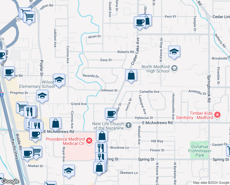 map of restaurants, bars, coffee shops, grocery stores, and more near 1740 Johnson St in Medford