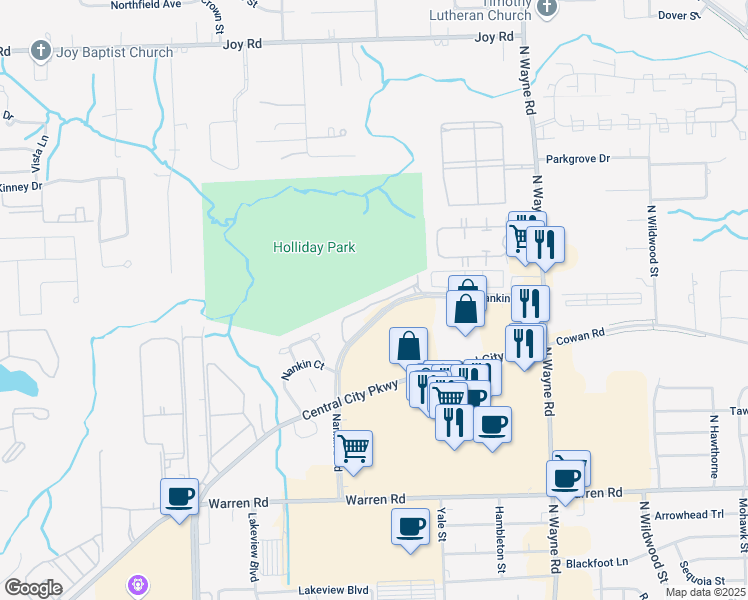 map of restaurants, bars, coffee shops, grocery stores, and more near 7788 Rivergate Drive in Westland