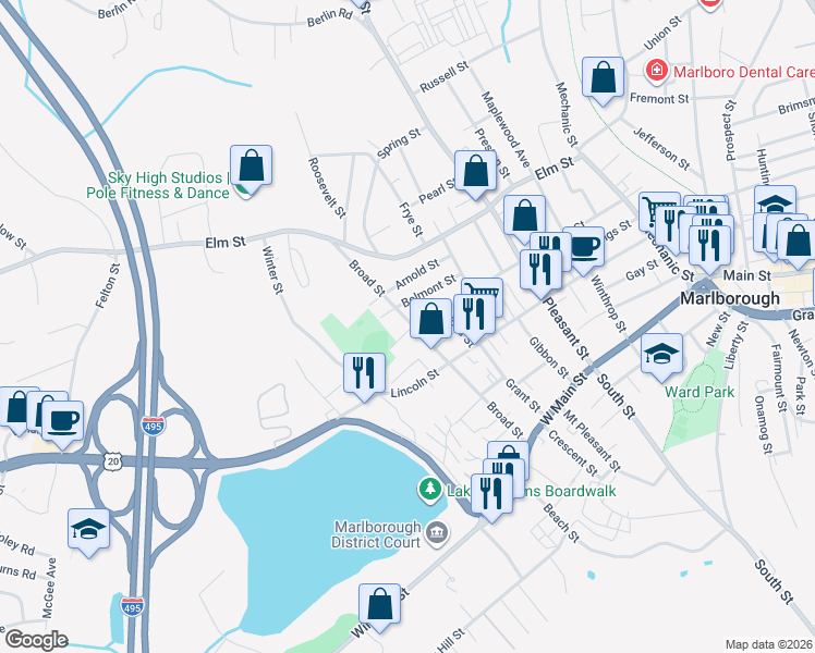 map of restaurants, bars, coffee shops, grocery stores, and more near 144 Broad Street in Marlborough