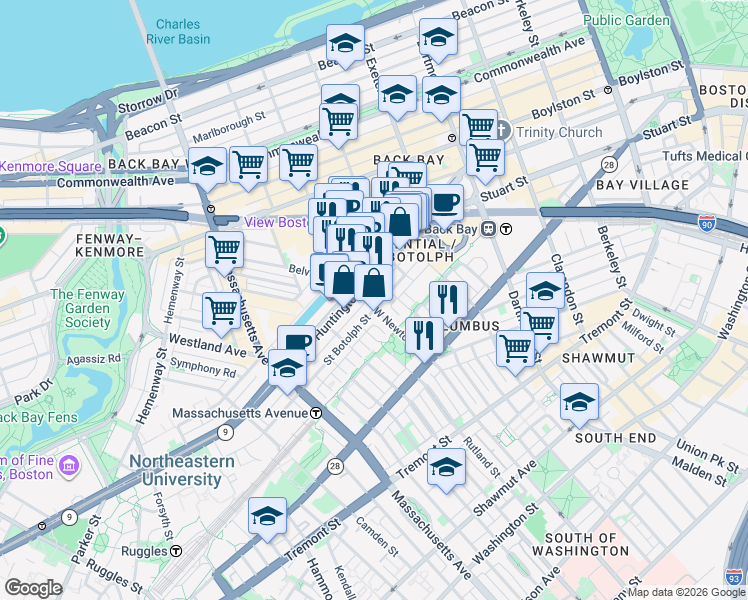 map of restaurants, bars, coffee shops, grocery stores, and more near 257 West Newton Street in Boston