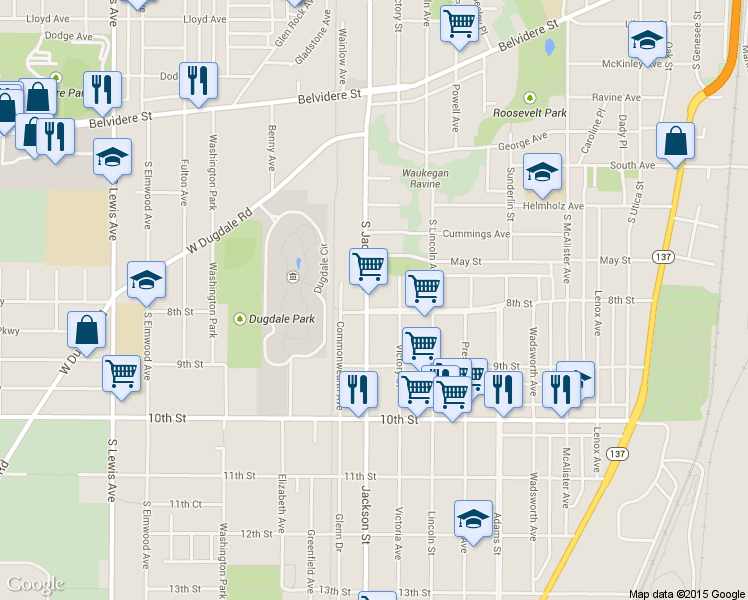 map of restaurants, bars, coffee shops, grocery stores, and more near 733 S Jackson St in Waukegan