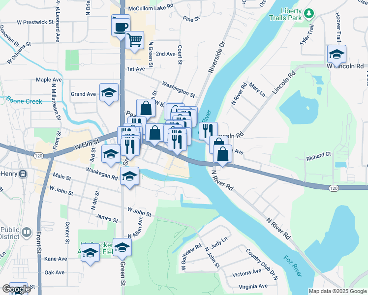 map of restaurants, bars, coffee shops, grocery stores, and more near 1312 Riverside Drive in McHenry