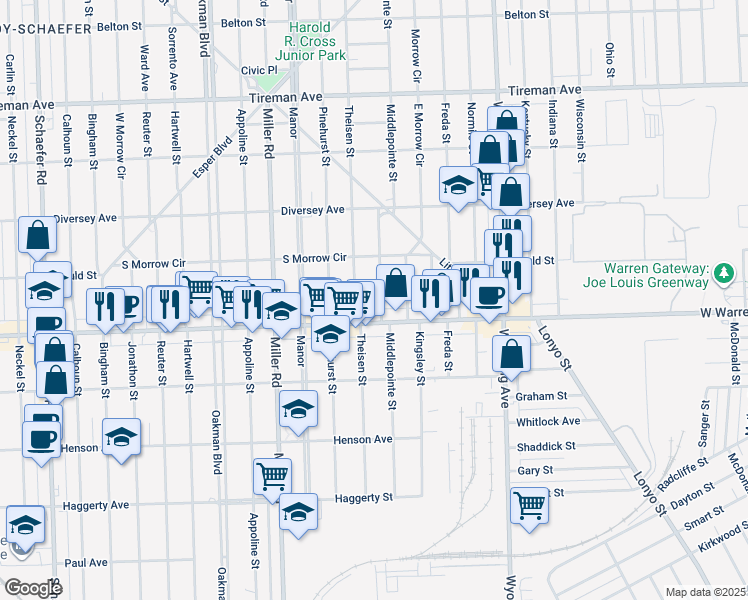 map of restaurants, bars, coffee shops, grocery stores, and more near 7237 Middlepointe Street in Dearborn
