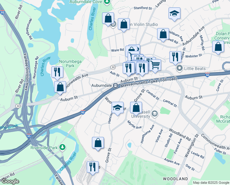 map of restaurants, bars, coffee shops, grocery stores, and more near 234 Central Street in Newton