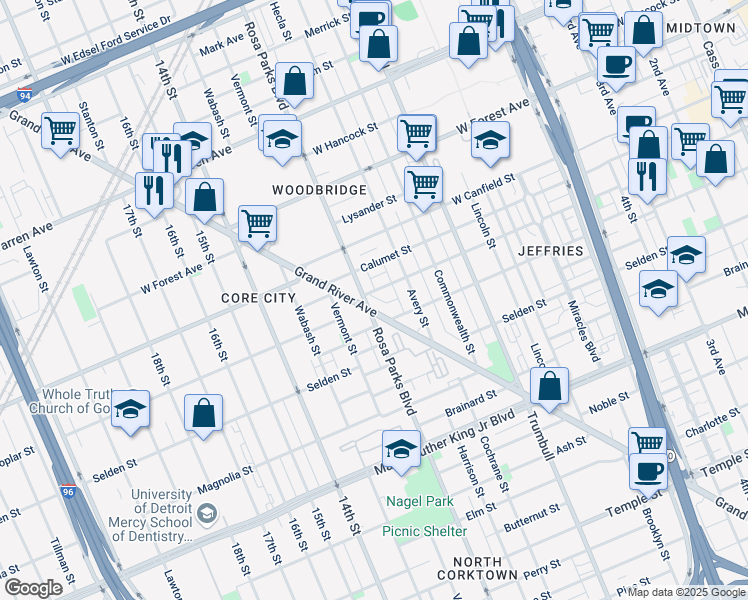 map of restaurants, bars, coffee shops, grocery stores, and more near 4150 Grand River Avenue in Detroit